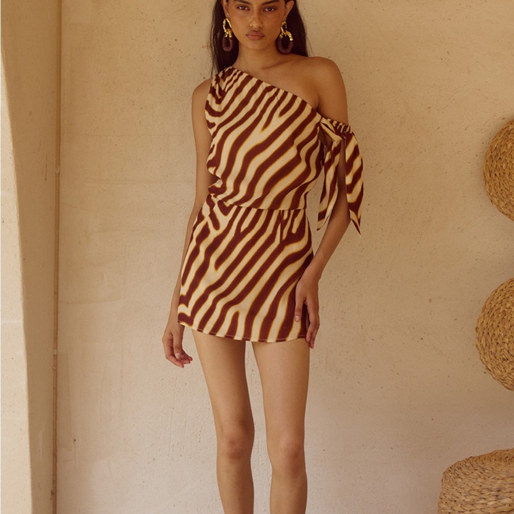 Seven Wonders One-Shoulder Brown and Cream Dress